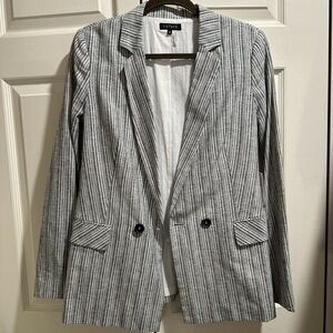 1.STATE Striped Linen Blazer in Grey & White